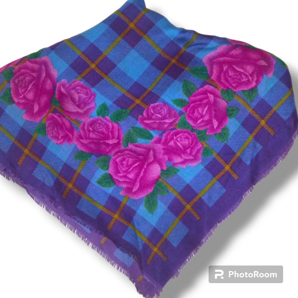 Vintage Tomar Fashions Plaid / Rose Square Scarf-Fringe Edge-Made in Japan-1970s